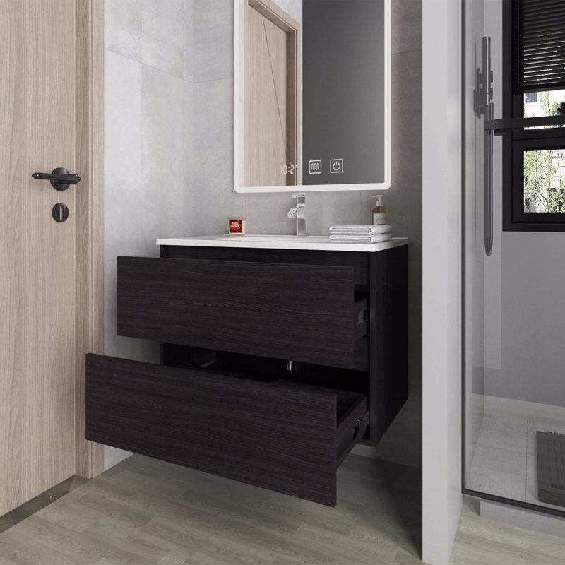 Meuble-lavabo flottant avec deux tiroirs et lavabo, Noir
