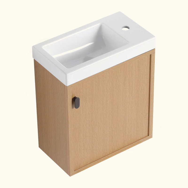 Meuble-lavabo mural avec lavabo en résine, porte simple à fermeture douce, panneau de fibres à densité moyenne, Bois naturel