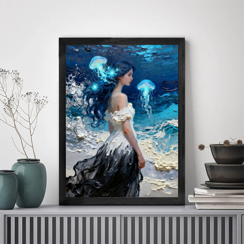 Art encadré noir, la fée sous-marine entourée de méduse rougeoyante, impressions sur toile de style rétro, H 37 po x l 25 po