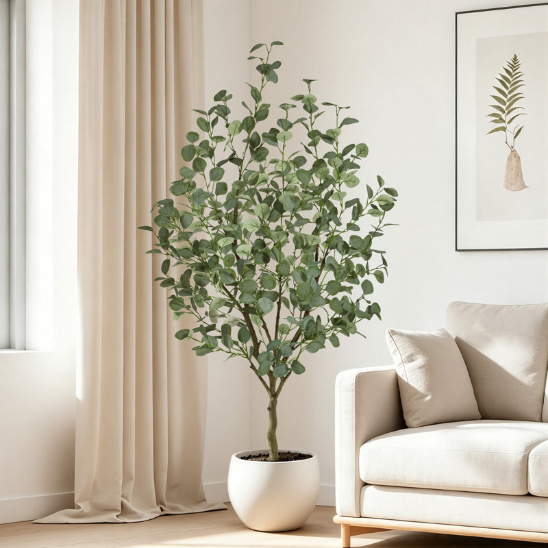 Arbre d'eucalyptus artificiel 5 pi, plante de plancher multi-troncs avec pot en plastique noir, arbre d'eucalyptus réaliste pour la décoration de salon de bureau à domicile, utilisation intérieure seulement