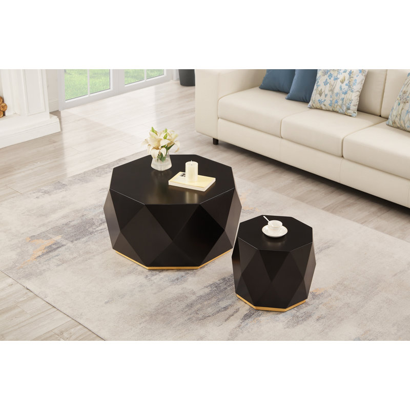 2-Piece Modern Coffee Table Set for Small Spaces, Diamond & Octagon Wood Tables, No Assembly, Black