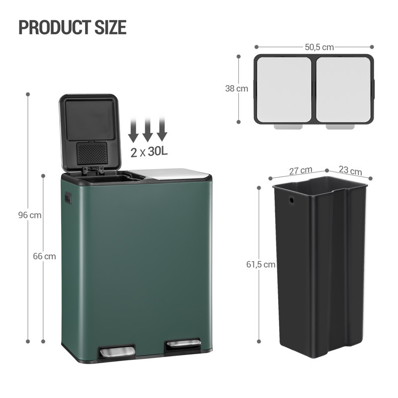 Kitchen Bin, Recycling Bins, Pedal Bin with Lid, Stainless Steel Kitchen Bins Recycling and Waste, Silent Slow-Down Closing Lid, With 15 Exclusive Trash Bags