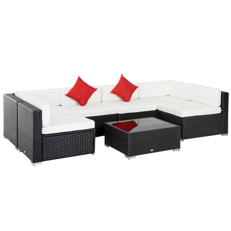 Ensemble de conversation en rotin pour 6 personnes avec coussins, Crème / blanc, Noir