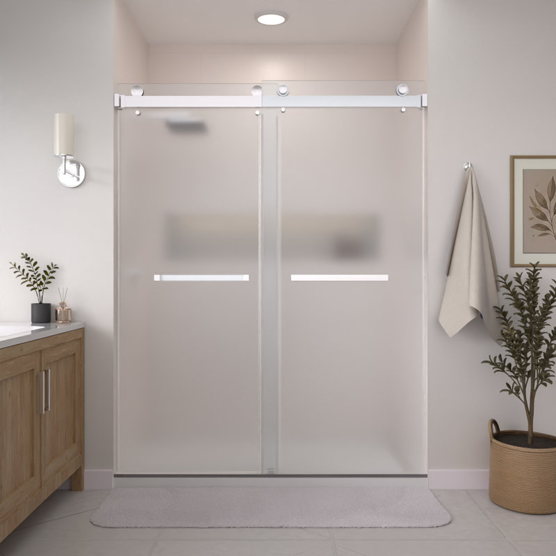 Porte de douche coulissante double sans cadre en chrome avec verre gravé à l'acide 3/8 po Catalyst l 56 "x H 76", Chrome poli