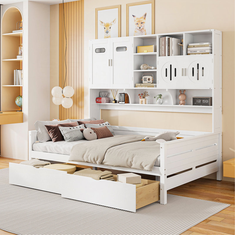 Full Size Wooden Daybed With 2 Drawers, And All-In-One Cabinet And Shelf, White, White