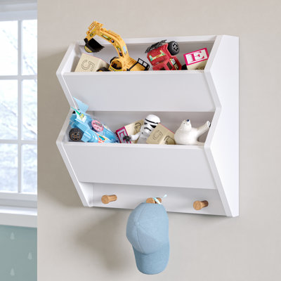 RiverRidge Kids Catch-All Wall Bookshelf with 2 Toy Storage Cubbies and 3 Wooden Hooks for Playroom, Nursery, and Reading Nook - White by RiverRidge Home