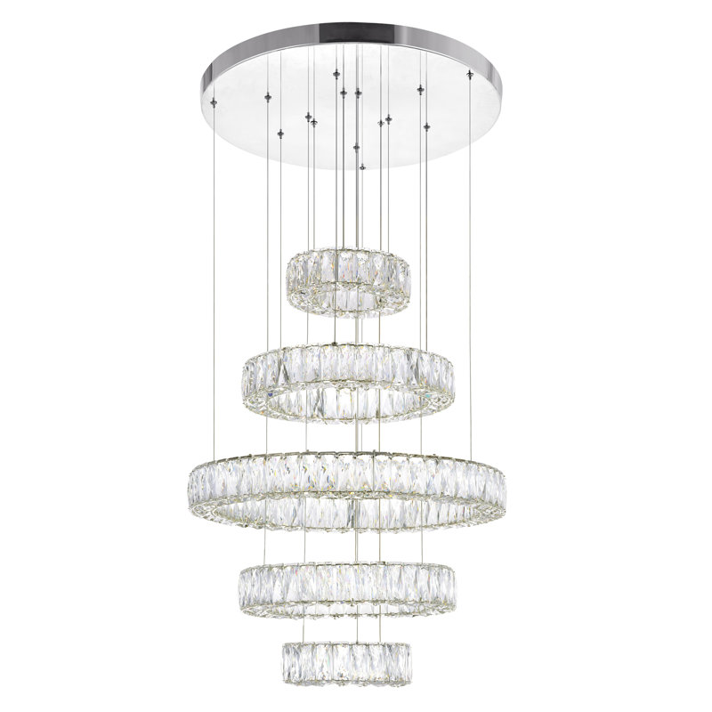 24-Inch 5-Ring Chandelier with Integrated LED, Chrome Finish – Modern Glam Ceiling Light Fixture for Living Room, Dining Room, Entryway