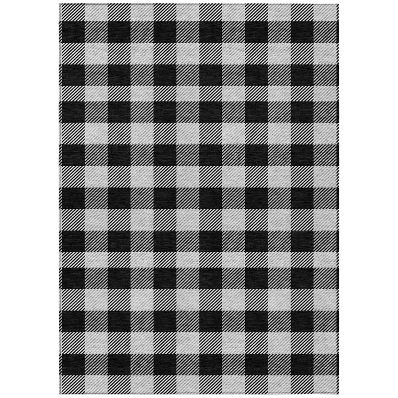 3' X 5' Black Gray And Ivory Plaid Washable Indoor Outdoor Area Rug