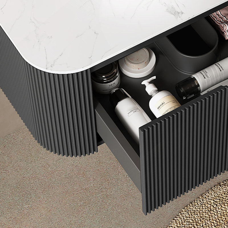 Meuble-lavabo de salle de bain 36 po avec lavabo, meuble-lavabo mural moderne à bords arrondis et courbes avec tiroir, lavabo rond en céramique blanc sans robinet, pré-assemblé, noir
