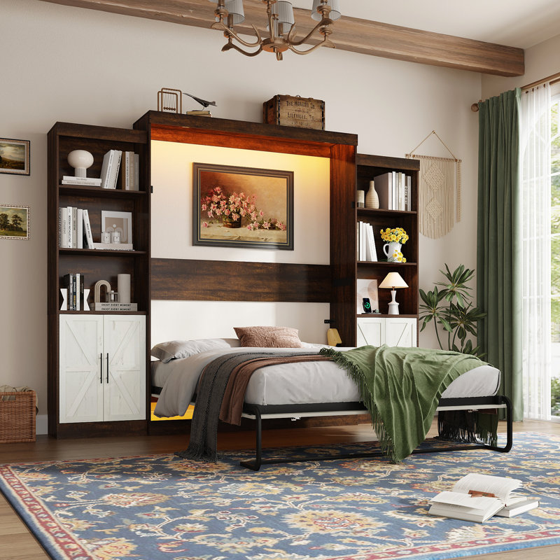 Murphy Bed With 2 Side Storage Cabinets, LED Lights, And Charging Station,  No Box Spring Needed, For Home Office, Queen