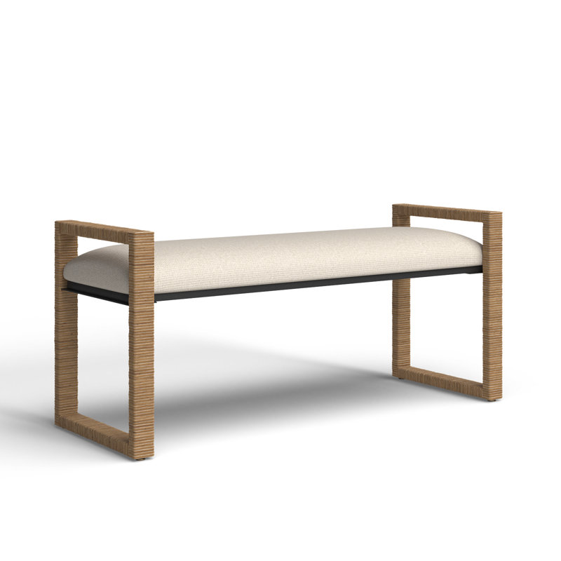 Oatmeal Upholstered Metal Sled Leg Bench with Rattan Frame