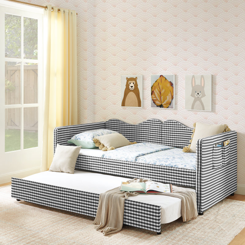 Lit de jour une place en tissu vichy avec lit gigogne, poche de rangement latérale, structure en bois massif, canapé-lit pour chambre d'enfant ou chambre d'amis - Noir