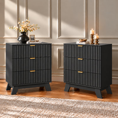 Ensemble de 2 tables de chevet avec finition grain de bois, commode à 3 tiroirs cannelés pour chambre à coucher, l 23,6 po de large commode pour le salon, l'entrée, le bureau à domicile