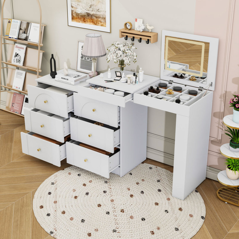 Meuble-lavabo 7 tiroirs avec miroir à DEL, table de maquillage rabattable avec 9 compartiments cachés et 3 tablettes, Blanc