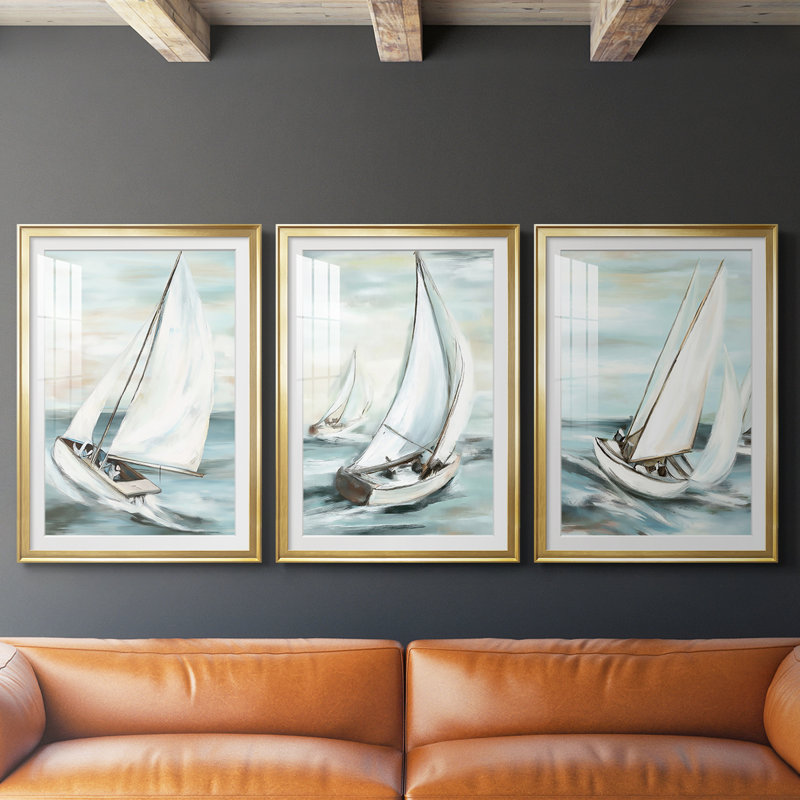 NAUTICAL Series Liv - Impression encadrée sur mesure de qualité supérieure mate - 3 pièces, H 21 po x l 30 po, Doré
