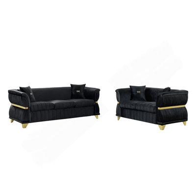 2 Piece Set Modern Velvet Three Seater and Two Seater Sofa Upholstered Luxury Couch with 4 Pillows Gold Metal Trim Tapered Gold Legs & Curved Armrests