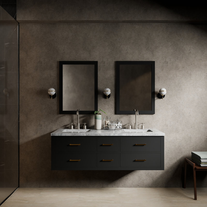 60" Wall-Mounted Double Bathroom Vanity Set, White Carrara Marble, Black