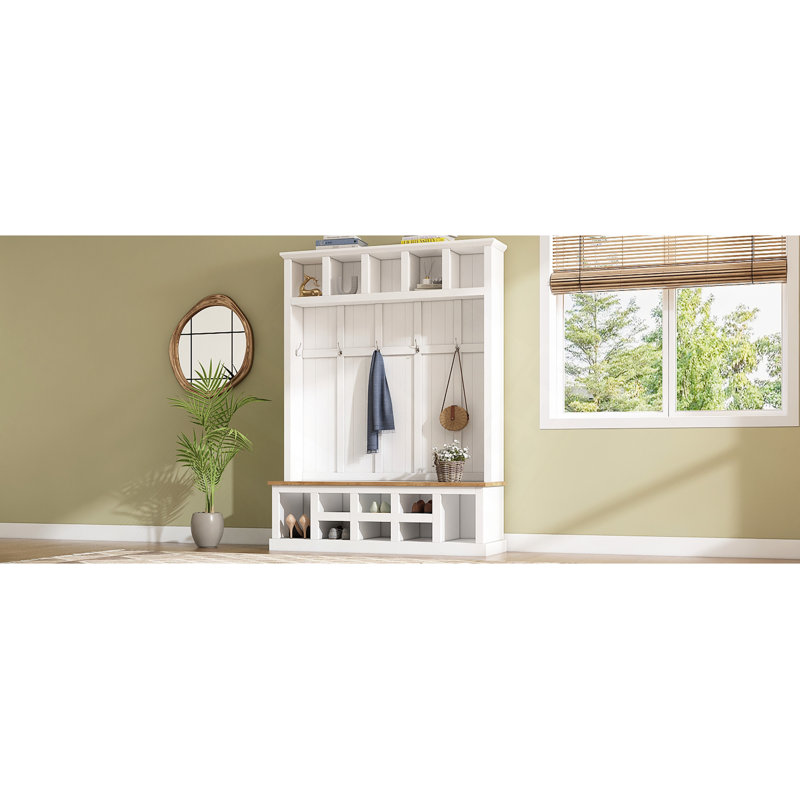 Shoe Storage, Farmhouse Wooden Style 78"H Modern Hall Tree With Wide Storage Seating Bench, Entryway Shoe Cabinet With 13 Compartments, Elegant Coat Rack With 6 Hooks For Mudroom, Living Room