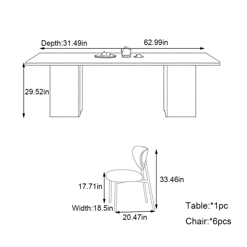 Rectangular wood grain rock plate dining table set, 29.52" H x 31.49" L x 62.99" D