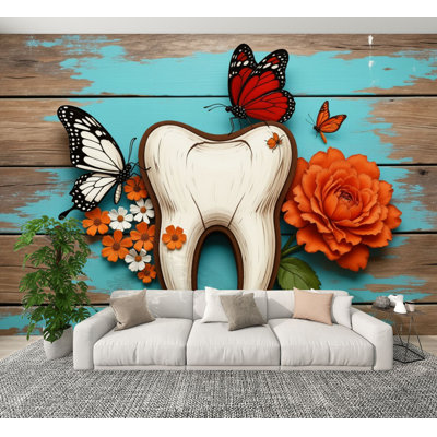 Papier peint auto-adhésif à motif floral à motif de dents de papillons multicolores, H 100 po x l 144 po, adhésif mural en PVC amovible pour chambre à coucher, bureau à domicile