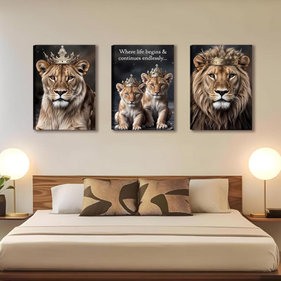 3Pcs Framed Lion Wall Art With Crown Lion Family Canvas Prints Posters Wild Animal Pictures Modern Inspirational Animal Wall Decor Paintings For Home Bedroom Living Room Office Art Decoration