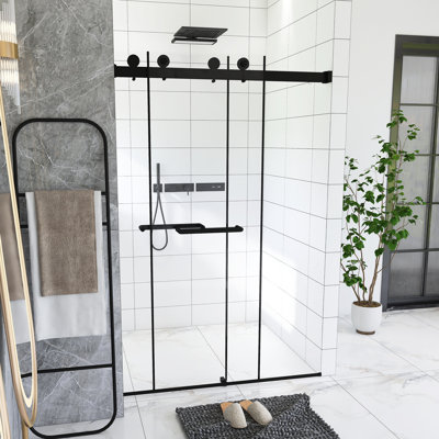 Porte de douche coulissante double sans cadre l 44 à 48 po x H 74 po, verre trempé 5/16 po (8 mm), film antidéflagrant, poignée en acier inoxydable, rail tubulaire carré, noir mat
