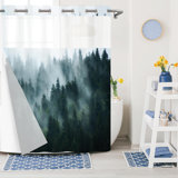 No Hook Shower Curtain With Snap-In Liner, Double Layer Waterproof Fabric With Mesh Top Window, Nature Landscape Misty Forest Design, Hotel Style Easy Installation, Machine Washable