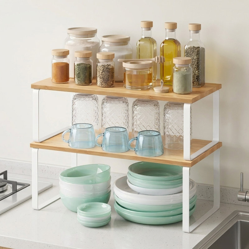 Ensemble de 2 tablettes de rangement empilables, Blanc / beige naturel, H 11,6 po x l 15,6 po x P 7,7 po