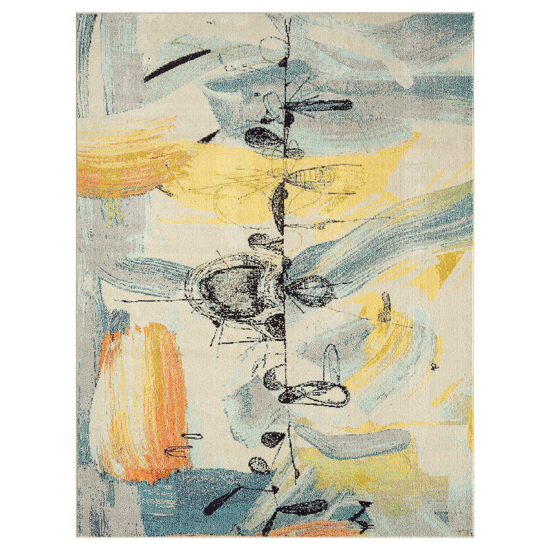 COLORWRKS Abstract Area Rug in Blues and Brushed Yellows, Rectangle 9'6" x 13'