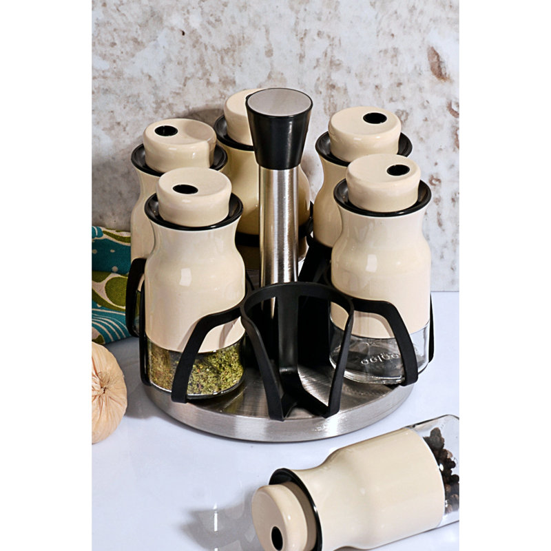 Ensemble de pots et support à épices 6 pots, Crème / noir