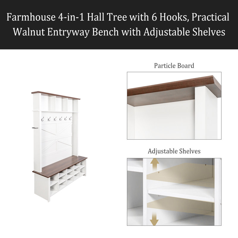 Arbre d'entrée 4 en 1 avec 6 crochets Farmhouse, banc pratique en noyer avec tablettes réglables, range-chaussures rustique en bois avec 16 compartiments ouverts pour le vestibule, salon