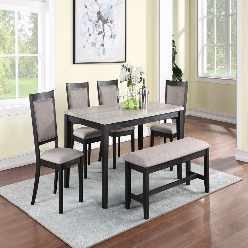 Table de salle à manger contemporaine 6 pièces avec 4 chaises et bancs rembourrés rembourrés avec sièges et chaises en bois massif et placages