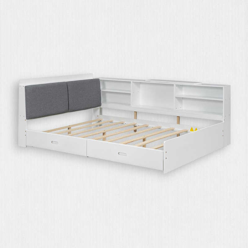 Lit plateforme double avec tête de lit à rangement, Blanc / gris