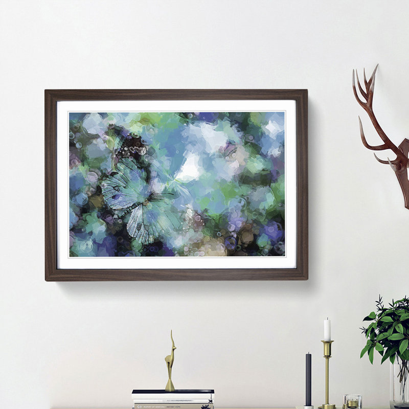 Butterfly upon a Flower in Blue in Abstract - Picture Frame Painting Print, 36cm H x 48cm W x 2cm D, Walnut Framed