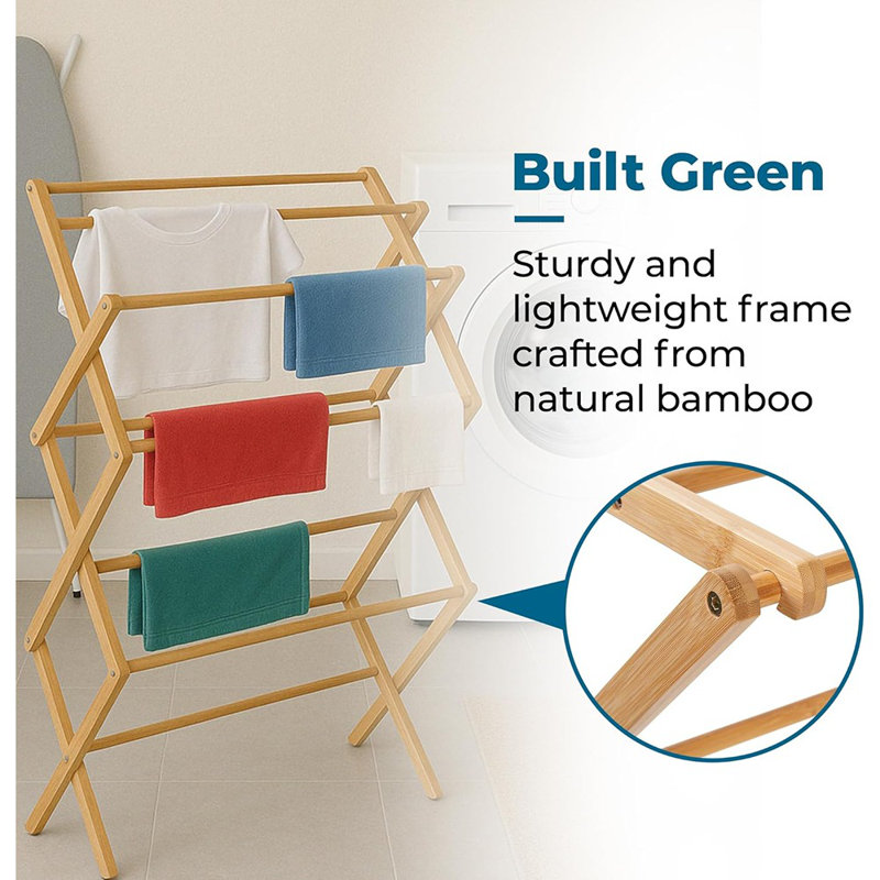 Bamboo Clothes Drying Rack, Natural Finish, Sturdy Foldable Laundry Rack, Space-Saving Portable Design For Clothes, Towels, Blankets & Delicates, Indoor & Outdoor Use, Modern Eco Style