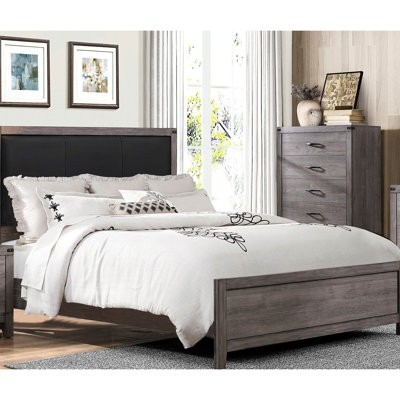Lit double gris brunâtre avec tête de lit en similicuir pour chambre à coucher