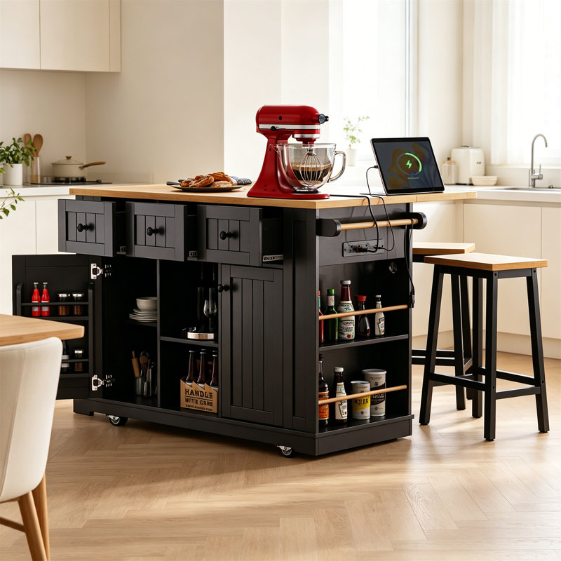 53Inch Large Kitchen Island With 2 Bar Stools, Power Outlet, And Ample Storage Solutions For Modern Kitchens And Dining Rooms