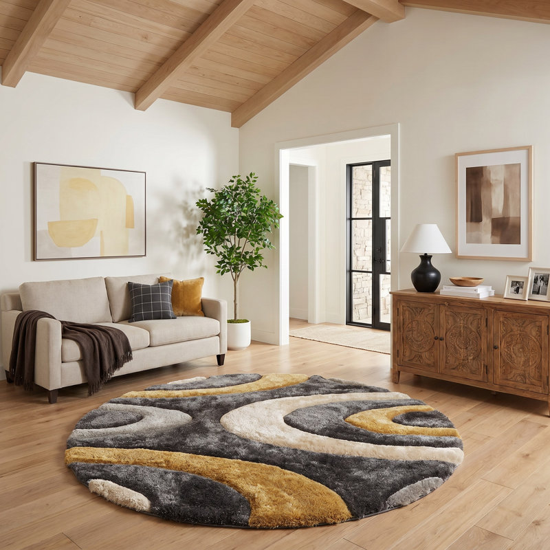 Tapis abstrait gris / jaune Thionville, Rond 7 pi