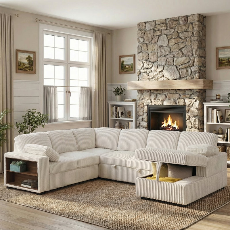 Canapé-lit modulaire convertible l 118 po surdimensionné en velours côtelé avec tablettes de rangement latérales