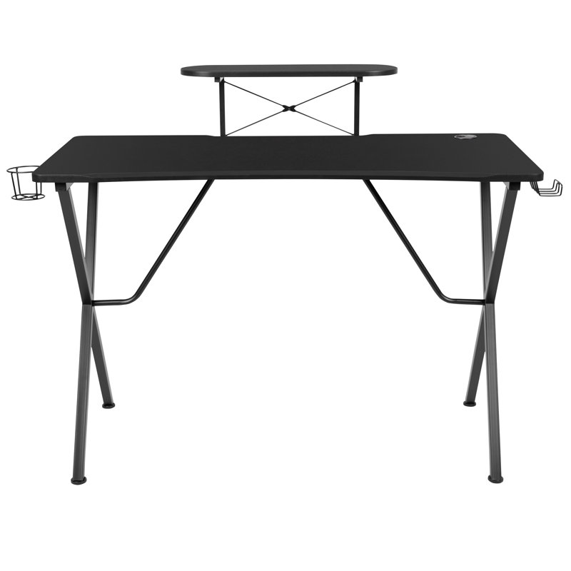 Bureau de jeu avec porte-gobelet, crochet pour casque d'écoute et support pour écran / téléphone intelligent, Noir