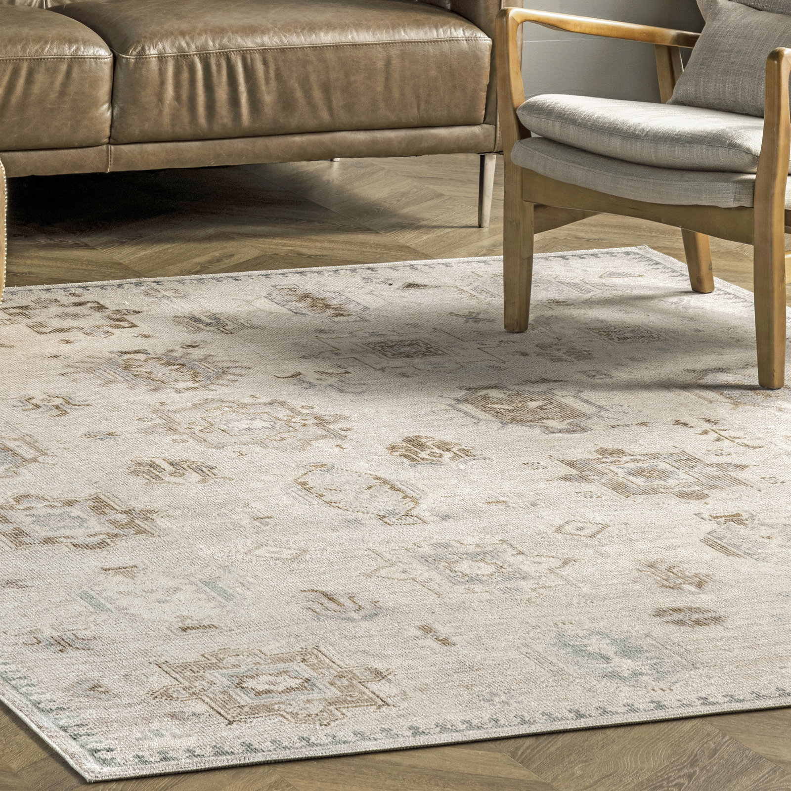 Beige Ivory Machine Washable Oriental Rug, Rectangle 8' x 10'