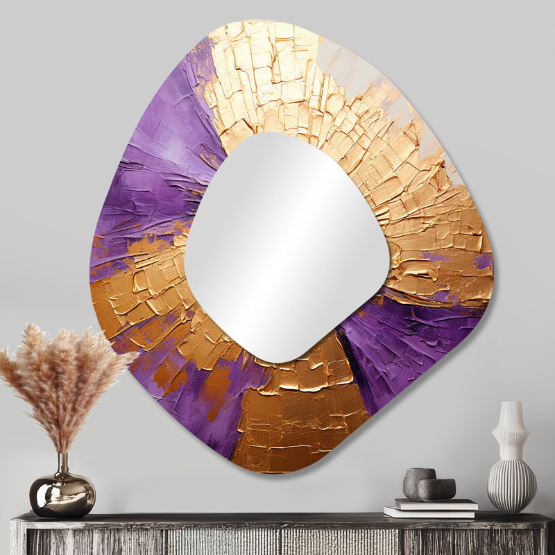 Gold And Purple Lunar Vector I - Abstract Painting Asymmetrical Wall Mirror, Beige Unique Shape Decorative Mirror, Printed Metal Art