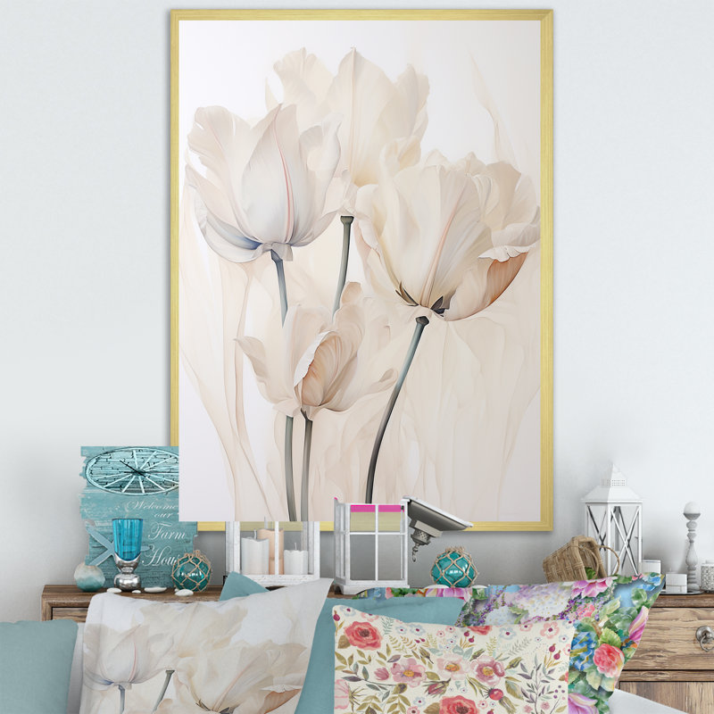 «Minimalisme beige tulipes symphonie I sur toile», Cadre doré simple, H 32 po x l 24 po x P 1 po