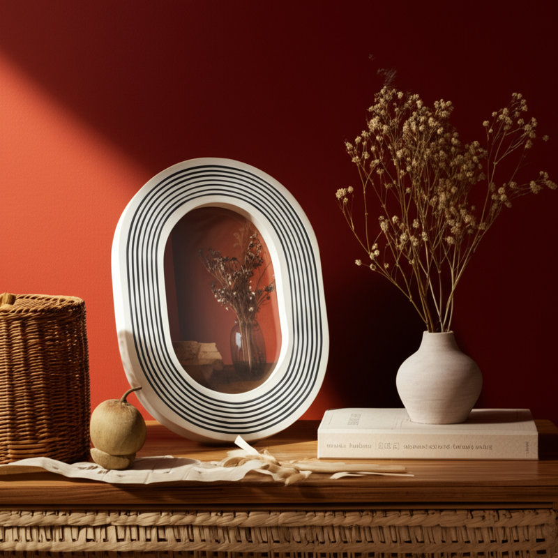 Artistic Striped Photo Frame - Oval Decorative Frame For Wall Decor Accent - Decorative Frame For Gallery Walls Or Entryway - Black & White