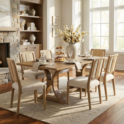Levi 7-Piece Dining Table Set With Upholstered Chairs & Woven Rope Backrest