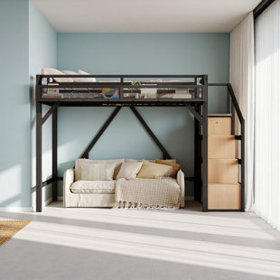 Loft Bed With Storage Stairs, Shelves And Built-In Wardrobe, Metal Loft Bed Frame With USB Ports And LED Lights, Noise-Reduced Design