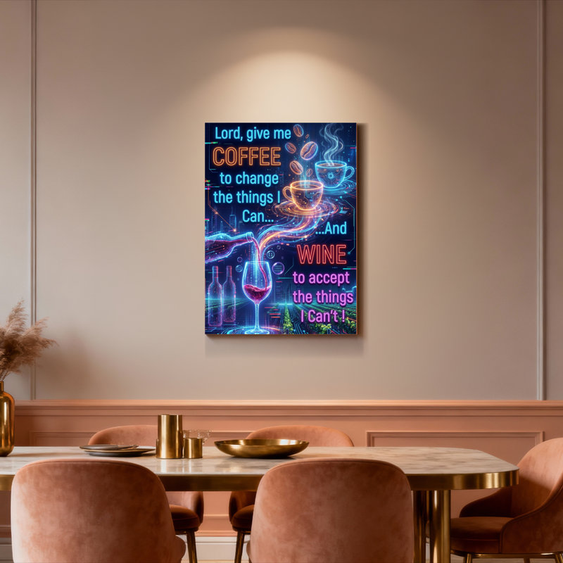 Ensemble d'une toile tendue avec citation néon « Café et vin », H 30 po x l 20 po