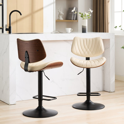 360 Swivel Bar Chairs, Walnut & Pu Leather, Adjustable Height, Ergonomic Design, Beige, Of 2 For Dining Area/kitchen Island Beige , Kitchen/dining Roo