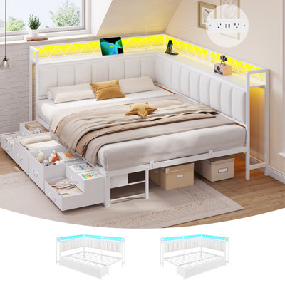 Structure de grand lit d'angle avec 6 tiroirs de rangement et tablette, lit de jour en forme de L avec tête de lit bibliothèque, grand lit avec éclairage DEL et station de charge, clôture en tissu, beige