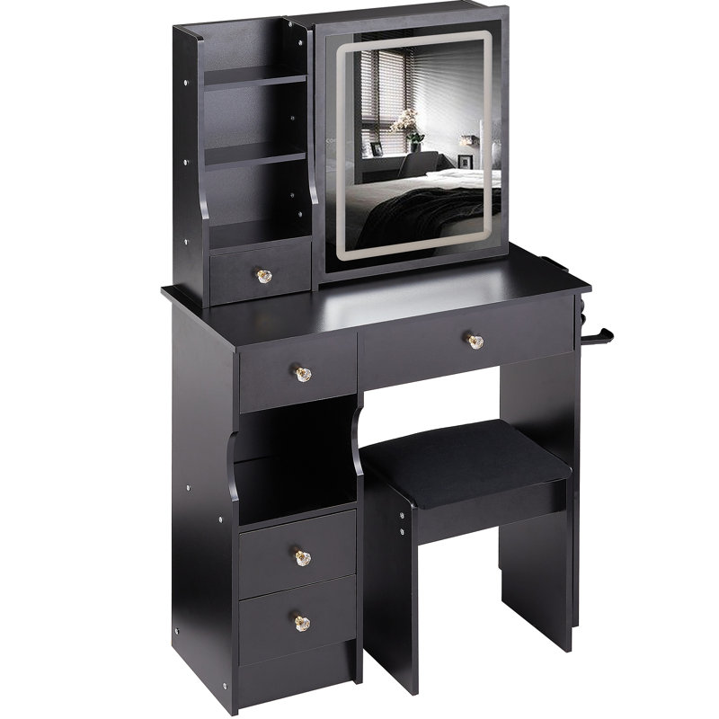 Petit meuble-lavabo de 29,2 po avec tiroir à gauche + tabouret rembourré, 2 blocs d'alimentation CA + 2 ports USB, support pour séchoir à cheveux, très grand miroir à DEL coulissant à contrôle tactile, changement de luminosité tricolore, réglage de la luminosité